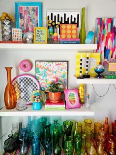 there are many colorful items on the shelves