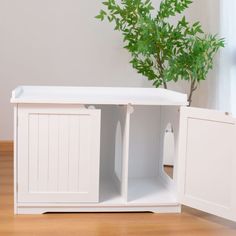 a white cabinet with doors open next to a potted plant on top of a wooden floor