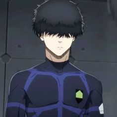 an anime character with black hair wearing a blue suit and green light in the background