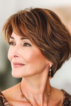 Textured Wedge With Bangs Haircut on smiling woman in her 50s with brown hair, side view. Wedge Haircuts, Short Wedge Haircut, Hair Wedge, 2024 Hairstyles, Angled Bobs, Wedge Haircut, Wedge Hairstyles, Haircuts For Women Over 50, Choppy Layers