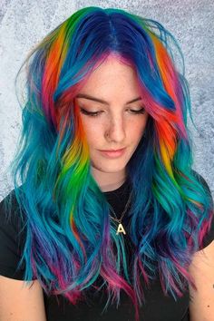 Long Hair Color Ideas, Dramatic Hair Colors, Hair Stripes, Pretty Rainbow, Bold Hair Color, Cute Hair Colors