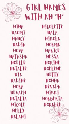 the names of girls with an n in english and spanish on a white background, surrounded by pink flowers