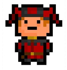 an image of a pixel art style character in red and black clothes with a hat on