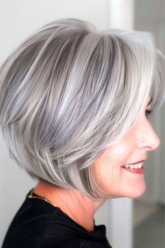 Angled Silver Bob Hairstyle For Women Over 50.