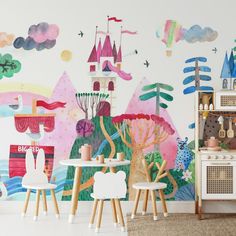 children's playroom with colorful wall mural and wooden chairs in front of it