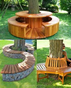 a wooden bench sitting under a tree next to a park with benches and a fire pit