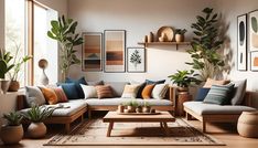 a living room filled with lots of furniture and potted plants on top of it