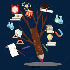 an illustration of a tree with books, pencils and other school supplies around it