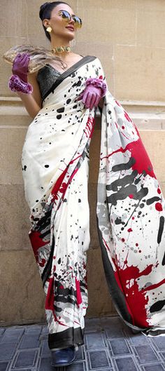 White and Off White color Saree in Crepe Silk, Silk fabric with Printed work Crepe Saree, Kalamkari Saree, White Saree, Satin Saree, Casual Saree, Blouse Material, Traditional Sarees, Pink Saree, Party Wear Sarees