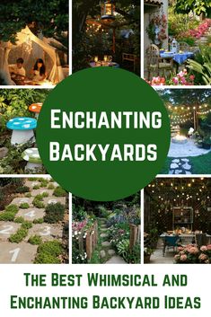 the cover of an enchanting backyard book with pictures of various plants and lights