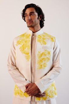 Ivory and yellow sleeveless bundi with bloom hand painted detail. Paired with an ivory kurta and a pant. - Aza Fashions Kurta Set Men, Nehru Jacket, Ivory Silk, Kurta Set, Mandarin Collar, Aza Fashion, Hand Painted, Silk, Yellow