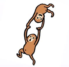 two monkeys hanging upside down on each other's back legs, with one monkey reaching up to the ground