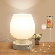 an electronic device is plugged in to a lamp on a wooden table next to a potted plant