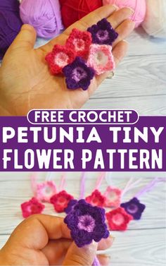 the crochet petunia tiny flower pattern is shown in three different colors