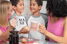 three children and an adult holding coffee mugs