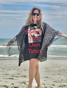 Custom made poncho from your own tshirt.  See video for examples. Once order is placed allow 2-3 weeks.  No refunds for custom orders Fabric selection is  designer's discretion Casual Short Sleeve Cover-up For Festival, Casual Short Sleeve Festival Cover-up, Black Bohemian T-shirt For Festival, Bohemian Relaxed Fit T-shirt For Beach, Bohemian Custom Print T-shirt For Summer, Ladies Poncho, Festival Style, See Videos, Ponchos