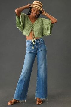 Paige Anessa High-Rise Wide-Leg Crop Jeans | Anthropologie Beth Ferguson, Patch Pocket Jeans, Wide Leg Jeans Outfit, Casual Denim Pants, Timeless Wardrobe Staples, Stretchy Jeans, Petite Jeans, Crop Jeans, Back Patch