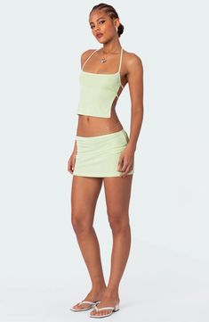 An on-trend low-rise cut defines this stretchy versatile miniskirt that pairs well with almost anything. Pull-on style 95% polyester, 5% spandex Machine wash, dry flat Imported Mini Skirt Sets, Acl Outfits, Matching Skirt And Top Set, Visionary Fashion, Fabric Matching, Tie Back Top, Maxi Rok, Top Halter, Summer Inspo