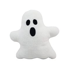 a white stuffed ghost with black eyes