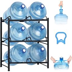 there is a rack with several water bottles on it and one has a blue handle