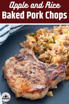 an apple and rice baked pork chops on a plate