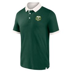 a green and white polo shirt with an embroidered logo