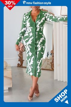 Green Casual Turndown Collar Long Sleeve Vacation Buttons Bodycon Midi Dress Collared Greens, Vacation Dress, Bodycon Midi Dress, Dress With Long Sleeves, Turndown Collar, Hip Dress, Daily Dress, Vacation Dresses, Bodycon Midi