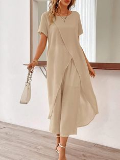 Women Plain Casual Two-Piece Sets Crew Neck Daily Top With Pants Cropped Pants Outfit, Wide Leg Pants Outfits, Solid Color Outfits, Leg Pants Outfit, Solid Color Pants, Fitted Wedding Dress, Casual Summer Tops, Wide Leg Cropped Pants, Top Pants Set