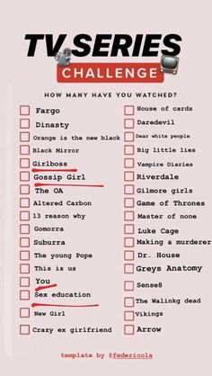 the tv series challenge checklist is shown in red, white and black with an arrow pointing