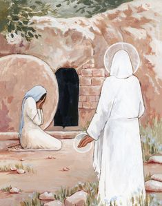 a painting of two women in front of a cave