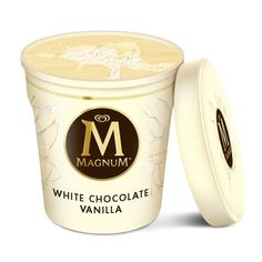 an ice cream container with white chocolate and vanilla toppings in it on a white background