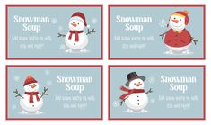 four snowman cards with the words snowman soap and two snowmen wearing hats