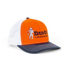 Classic trucker hat, classic Dan-O’s logo.

 	Adjustable plastic snap backstrap
 	Cotton twill front panels with a mesh back to keep you cool and comfortable
 	Pre-curved bill
 	High-quality embroidered little Danny to keep you company in the kitchen Adjustable Collegiate Trucker Hat With Curved Bill, Collegiate Adjustable Trucker Hat For Outdoor, Custom Logo Trucker Hat For Baseball Season, S Logo, Orange Black, Cotton Twill, The Kitchen, Trucker Hat, Mesh