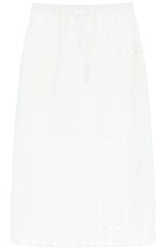 Straight-cut midi skirt by Ganni crafted in openwork cotton canvas with tonal embroideries. Provided with elasticated drawstring waistband and side inseam pockets. Partial lining. The model is 177 cm tall and wears a size FR 36. Size Info FR Color Detail White Made In China Material 100% CO Season One spring Season Two summer Product clothing Brand See By Chloe Size And Fit Womens Maxi Skirts, Latest Fashion Design, Cape Coat, Mid Length Skirts, See By Chloe, Cotton Skirt, Drawstring Waistband, White Skirts, Victoria Beckham