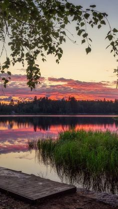 the sun is setting over a lake with grass in front of it and a dock on the shore