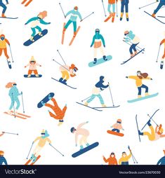 a group of people riding skis and snowboards on a white background seamless pattern