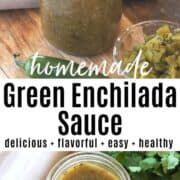 green enchilada sauce in a glass jar on top of a wooden table