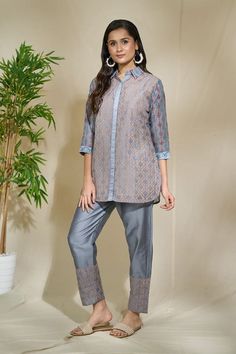 Blue short kurta with all over floral jaal block print. Comes with pant and inner. - Aza Fashions Festive Lawn Suit With Printed Motifs For Workwear, Straight Kurta With Printed Motifs For Work, Straight Kurta Sets With Printed Motifs For Work, Workwear Sets With Printed Motifs And Straight Kurta, Traditional Sets With Set-in Sleeves And Straight Pants, Eid Workwear Kurta With Chikankari Embroidery, Traditional Workwear Sets With Printed Motifs, Traditional Printed Kurta For Workwear, Traditional Workwear Kurta With Printed Motifs