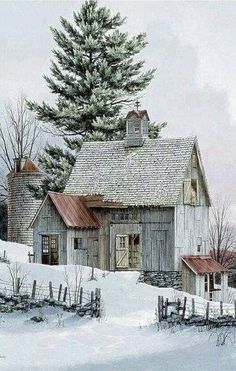 a painting of a farm house in the snow with trees and fence around it's perimeter