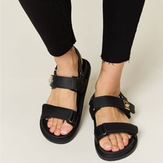 Wild Diva Velcro Double Strap Slingback Sandals New With Box Color Black Step Up Your Summer Shoe Game With These Trendy Velcro Double Strap Slingback Sandals. The Double Strap Design With Velcro Closure Offers Both Style And Convenience, Making Them Easy To Adjust For The Perfect Fit. These Slingback Sandals Are Versatile And Perfect For Various Occasions, From Casual Outings To Summer Parties. The Supportive Yet Comfortable Design Ensures You Can Wear Them All Day Long Without Sacrificing Styl Black Open Toe Slingback Sandals With Strap, Black Slingback Sandals With Buckle For Vacation, Black Slingback Sandals With Buckle Closure For Vacation, Black Footbed Sandals With Adjustable Straps For Summer, Casual Black Slingback Sandals With Strap, Black Strap Footbed Sandals For Summer, Black Synthetic Footbed Sandals With Adjustable Straps, Black Double Strap Footbed Sandals With Adjustable Strap, Black Buckle Closure Slingback Sandals