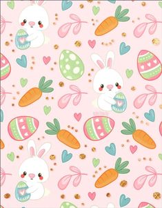 a pink background with rabbits, carrots and hearts