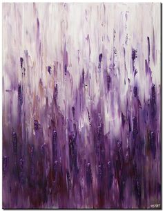 an abstract painting with purple and white colors on the canvas, it looks like rain is coming