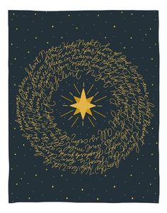 a star surrounded by writing on a dark blue background with gold stars in the center