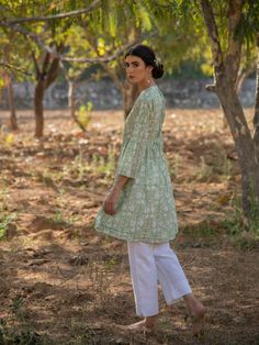 Greener days tunic dress - Trendroots Spring Green Block Print Kurta, Green Block Print Kurta For Spring, Green Spring Tunic Kurta, Spring Green Tunic Kurta, Green Cotton Summer Tunic, Green Tunic Kurta For Spring, Green Printed Summer Kurta, Green Printed Tunic Kurta, Casual Green Kurta For Spring