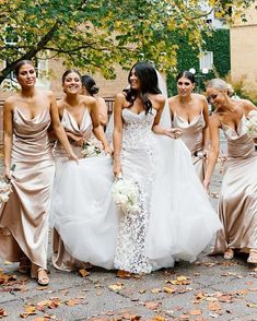 a group of women standing next to each other in front of a tree with leaves on the ground