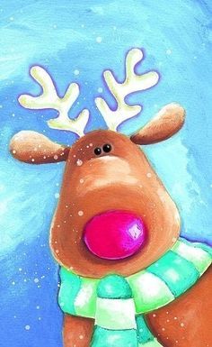 a painting of a reindeer wearing a scarf and holding a pink ball in its mouth