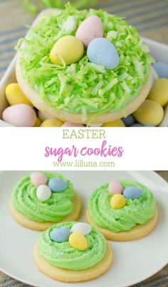 easter sugar cookies with green icing and eggs on top, in a white plate