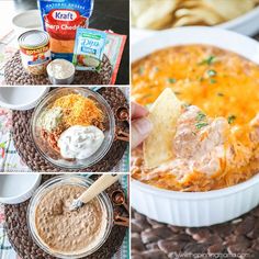 four pictures showing different types of dips, chips, and tortilla bread