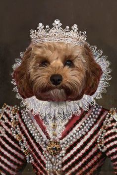 a dog dressed up in a costume with pearls on it's collar and head