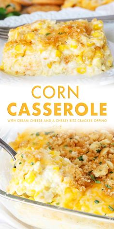 corn casserole with cream cheese and a cheesy bits cracker topping